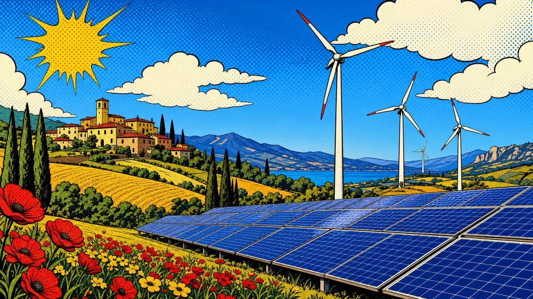 Pop-Art-Comic mit Windturbinen und Solarpanelen in Italien, ERG S.p.A. Illustration