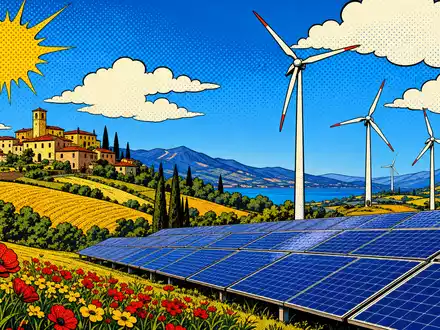 Farbenfrohe Pop-Art-Comic-Szene mit Windrädern und Solarpanelen illustriert ERG S.p.A. IT0001157020 in italienischer Landschaft - Foto: THN