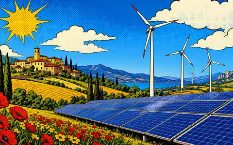 Farbenfrohe Pop-Art-Comic-Szene mit Windrädern und Solarpanelen illustriert ERG S.p.A. IT0001157020 in italienischer Landschaft - Foto: THN
