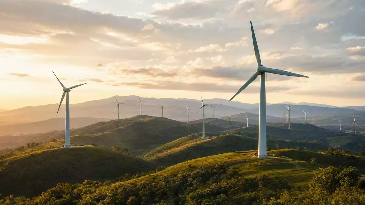 Windpark mit vielen Turbinen auf grünen Hügeln bei goldenem Abendlicht
