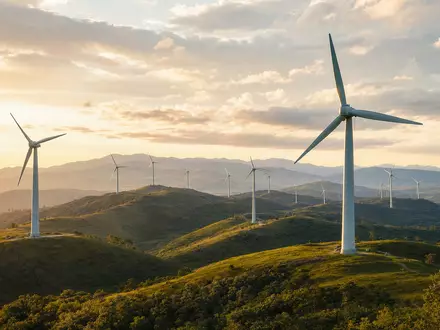 Fotorealistischer Onshore-Windpark bei Sonnenuntergang, Sinnbild für EDP Renováveis S.A., ISIN ES0127797019, globale Windenergie - Foto: THN