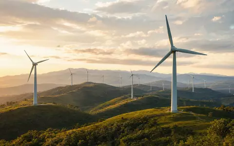 Fotorealistischer Onshore-Windpark bei Sonnenuntergang, Sinnbild für EDP Renováveis S.A., ISIN ES0127797019, globale Windenergie - Foto: THN
