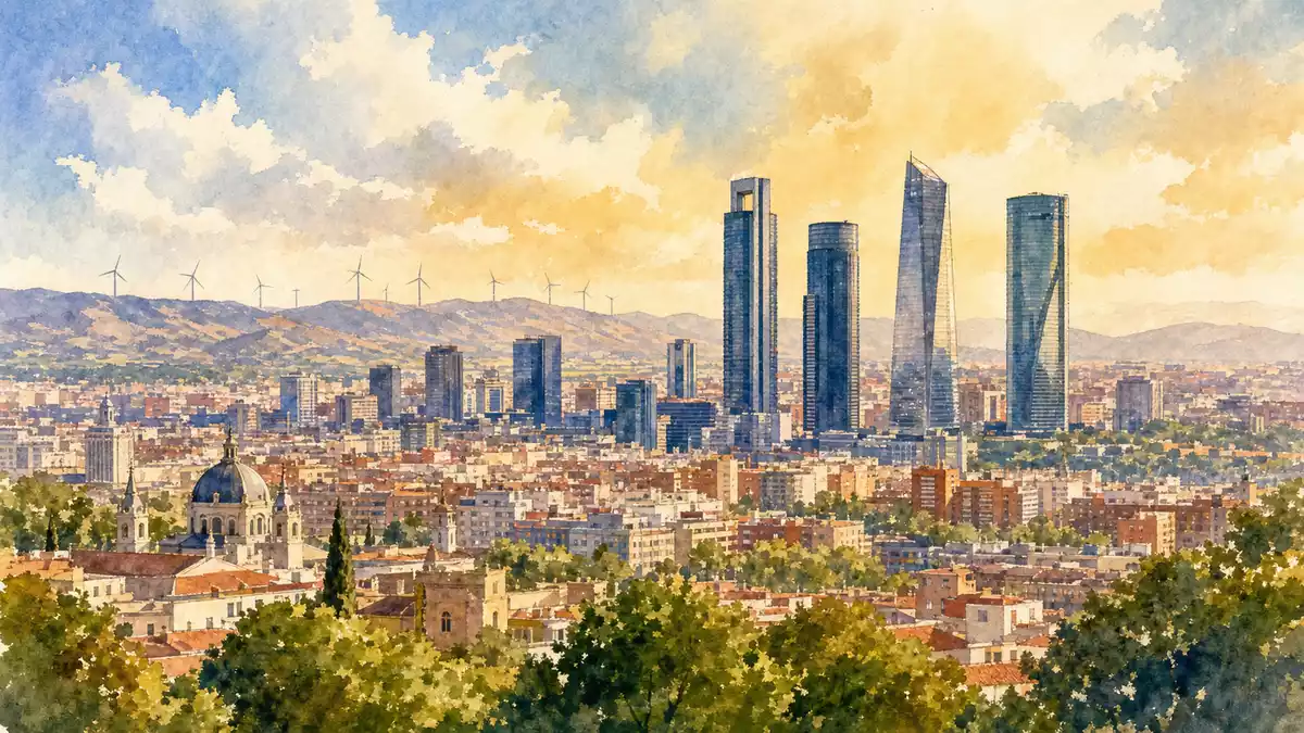 Aquarellgemälde von Madrids Hochhäusern mit Windturbinen am Horizont