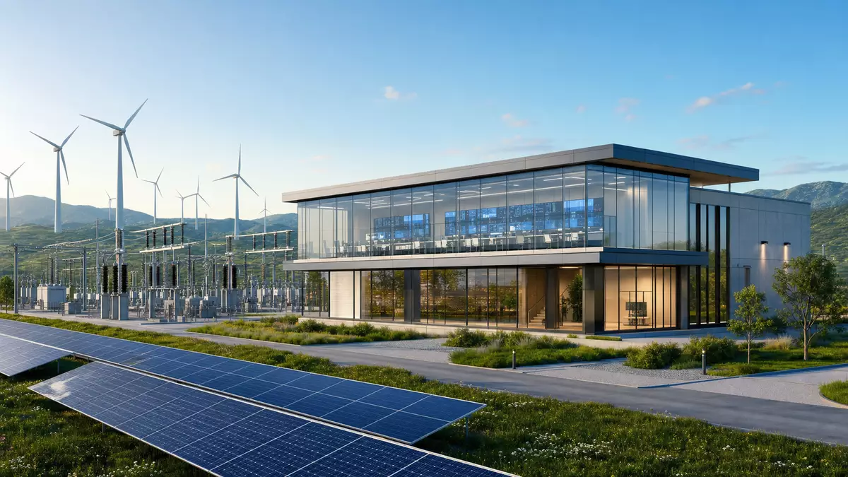Modernes Glasgebäude neben Umspannwerk, Solarpanels und Windturbinen im Hintergrund