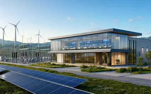 Architektur-Render eines Umspannwerks mit Solarpanels, repräsentativ für EDP Renováveis S.A., ISIN ES0127797019, Energieinfrastruktur - Foto: THN