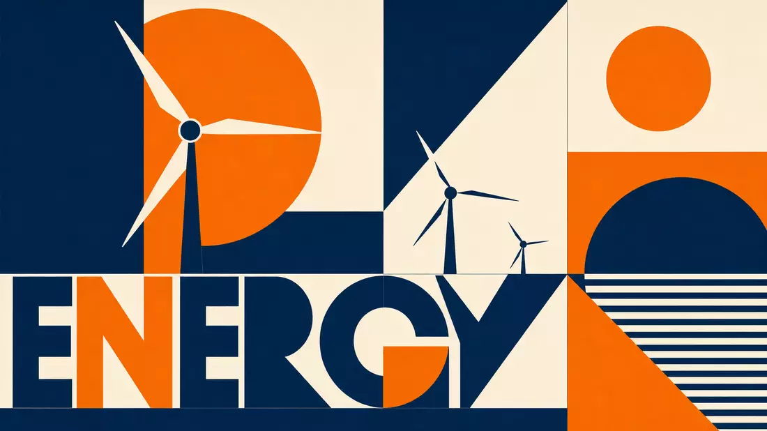 Bauhaus-Grafik mit Turbinenformen, Sonnenkreis und großem Schriftzug ENERGY