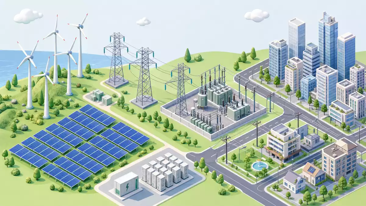 Isometrische Grafik von Windturbinen, Solarfeld, Umspannwerk und Stadt mit Stromleitungen