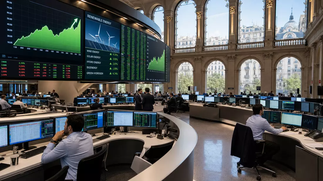 Trading-Floor mit Bildschirmen für erneuerbare Energien und Händlern an Schreibtischen