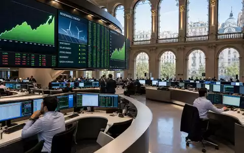 Börsen-Editorial-Szene mit Trading-Floor und Wind-Charts, relevant für EDP Renováveis S.A., ISIN ES0127797019, an der Börse - Foto: THN