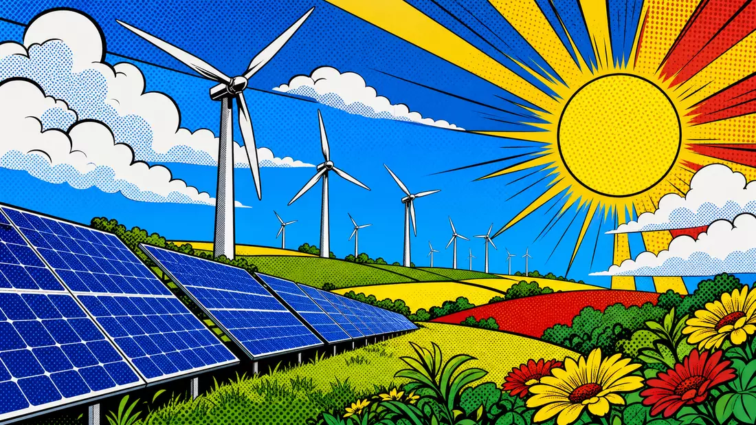 Comicartige Illustration von Windturbinen und Solarpanels unter strahlender Sonne