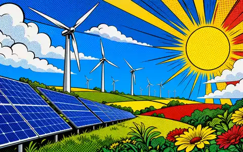 Farbenfrohe Pop-Art-Comic-Szene mit Windpark und Solarfeld, stilisiert für EDP Renováveis S.A., ISIN ES0127797019, Windenergie - Foto: THN