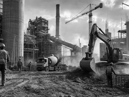 Schwarzweiße Reportage-Aufnahme einer Baustelle illustriert Buzzi S.p.A., ISIN IT0001347308, mit Betonmischer und Bauarbeitern - Foto: THN