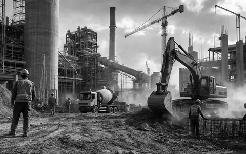Schwarzweiße Reportage-Aufnahme einer Baustelle illustriert Buzzi S.p.A., ISIN IT0001347308, mit Betonmischer und Bauarbeitern - Foto: THN