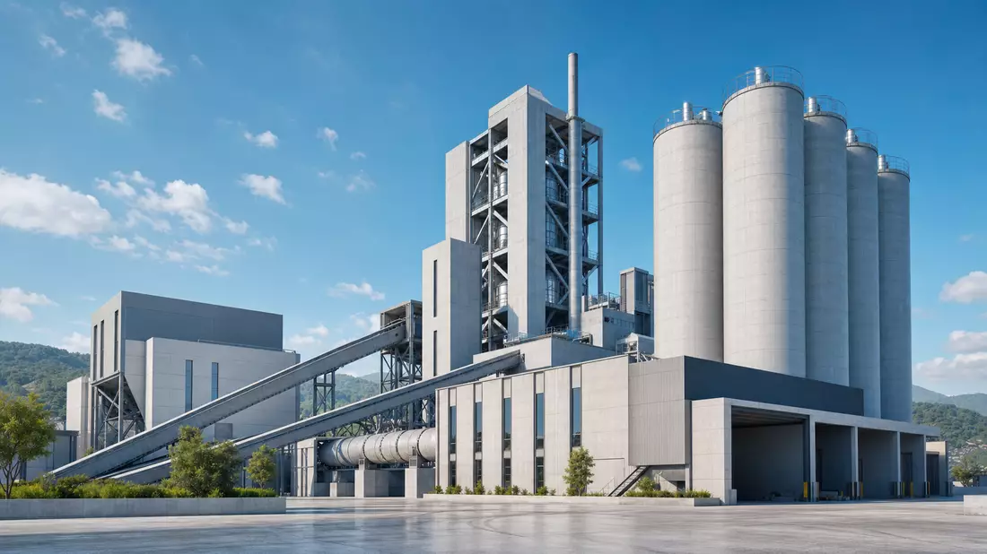 Architektur-Render einer Zementanlage mit Silos, Buzzi S.p.A., ISIN IT0001347308
