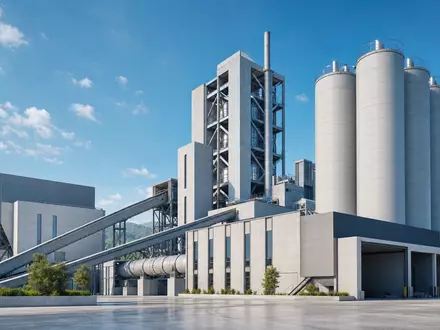 Moderne Architektur-Visualisierung einer Zementanlage repräsentiert Buzzi S.p.A., ISIN IT0001347308, mit Silos und Betonbauten - Foto: THN