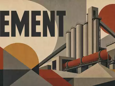 Bauhaus-Poster mit geometrischen Formen und Text CEMENT symbolisiert die Branche von Buzzi S.p.A., ISIN IT0001347308 - Foto: THN