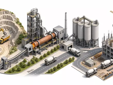 Isometrische 3D-Grafik zeigt die Wertschöpfungskette der Zementproduktion von Buzzi S.p.A., ISIN IT0001347308 - Foto: THN