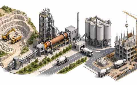 Isometrische 3D-Grafik zeigt die Wertschöpfungskette der Zementproduktion von Buzzi S.p.A., ISIN IT0001347308 - Foto: THN