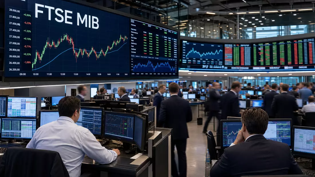 Trading-Floor mit FTSE-MIB-Charts an der Borsa Italiana, Buzzi S.p.A., IT0001347308