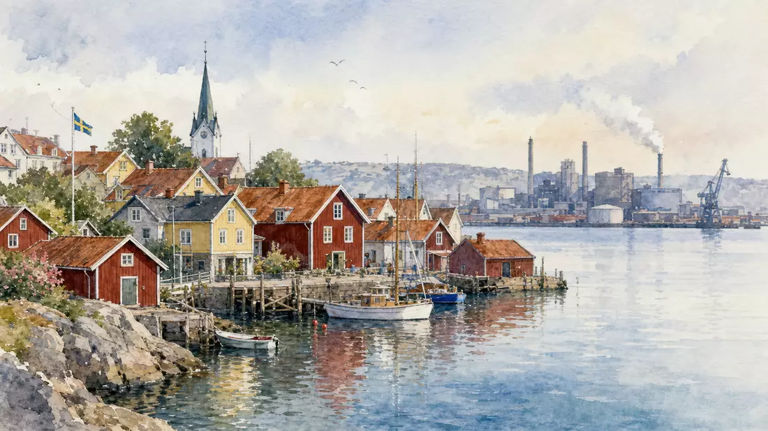 Aquarell einer Hafenstadt in Schweden, angelehnt an den Sitz von Trelleborg AB