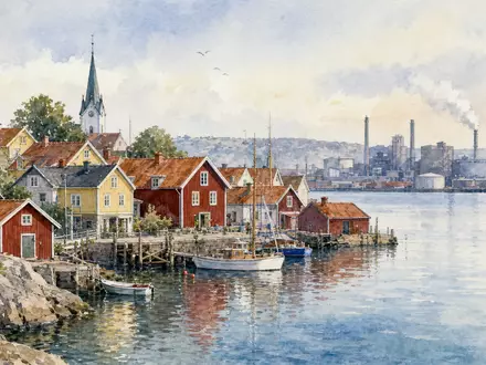 Aquarellmalerei einer schwedischen Küstenstadt symbolisiert Heimat von Trelleborg AB, Aktie ISIN SE0000114837, Industriekonzern Schweden - Foto: THN