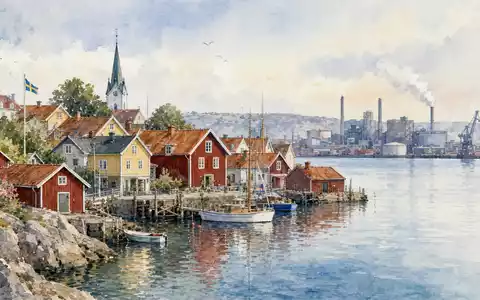 Aquarellmalerei einer schwedischen Küstenstadt symbolisiert Heimat von Trelleborg AB, Aktie ISIN SE0000114837, Industriekonzern Schweden - Foto: THN