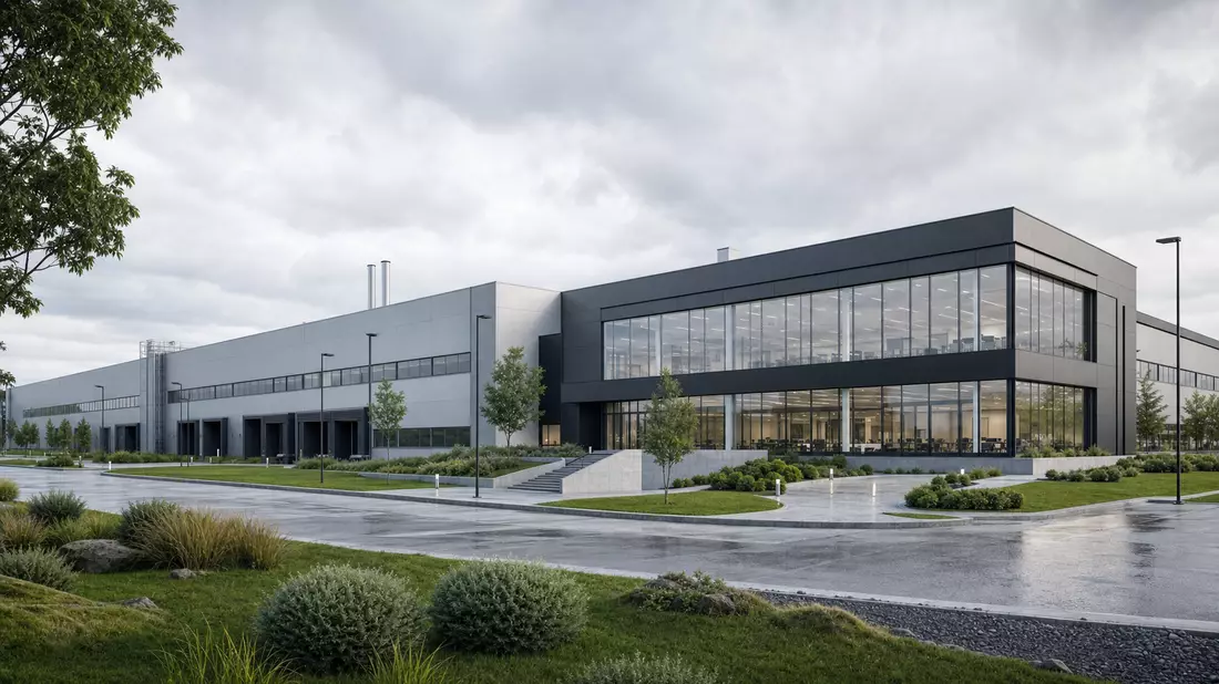 3D-Architekturvisualisierung einer Fabrikanlage, passend zum Profil von Trelleborg AB