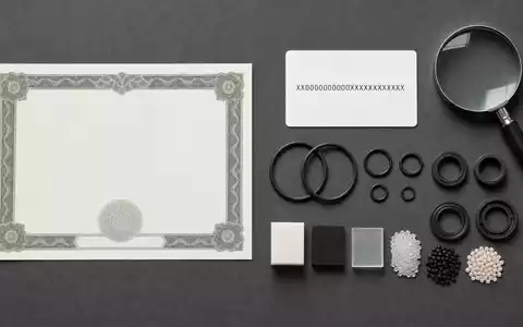 Flatlay-Arrangement mit Zertifikat, ISIN-Karte und Dichtungsringen visualisiert Kapitalanlage in Trelleborg AB, ISIN SE0000114837, Polymerbranche - Foto: THN