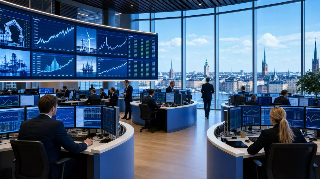 Editorialfoto eines Trading-Floors in Stockholm mit Industriecharts zu Trelleborg AB