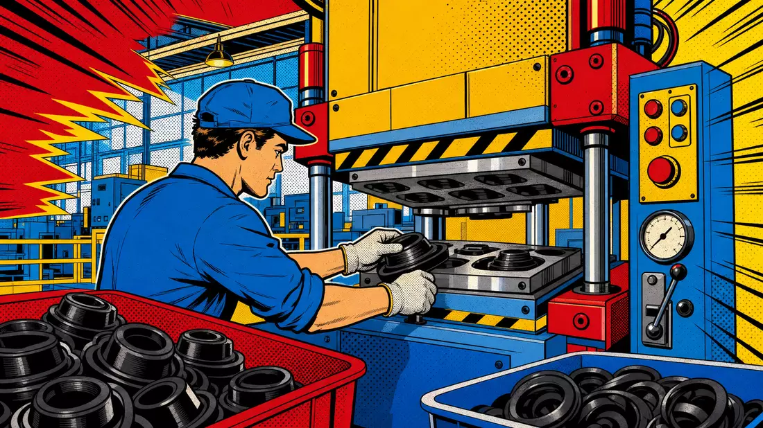 Pop-Art-Comicillustration einer Fabrikszene, humorvoll inspiriert von Trelleborg AB