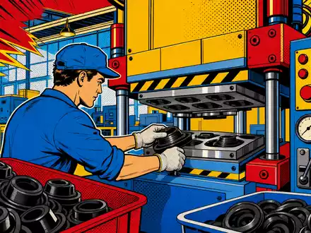 Pop-Art-Comic zeigt Fabrikarbeiter an Gummipresse, künstlerische Hommage an Trelleborg AB, ISIN SE0000114837 notiert - Foto: THN