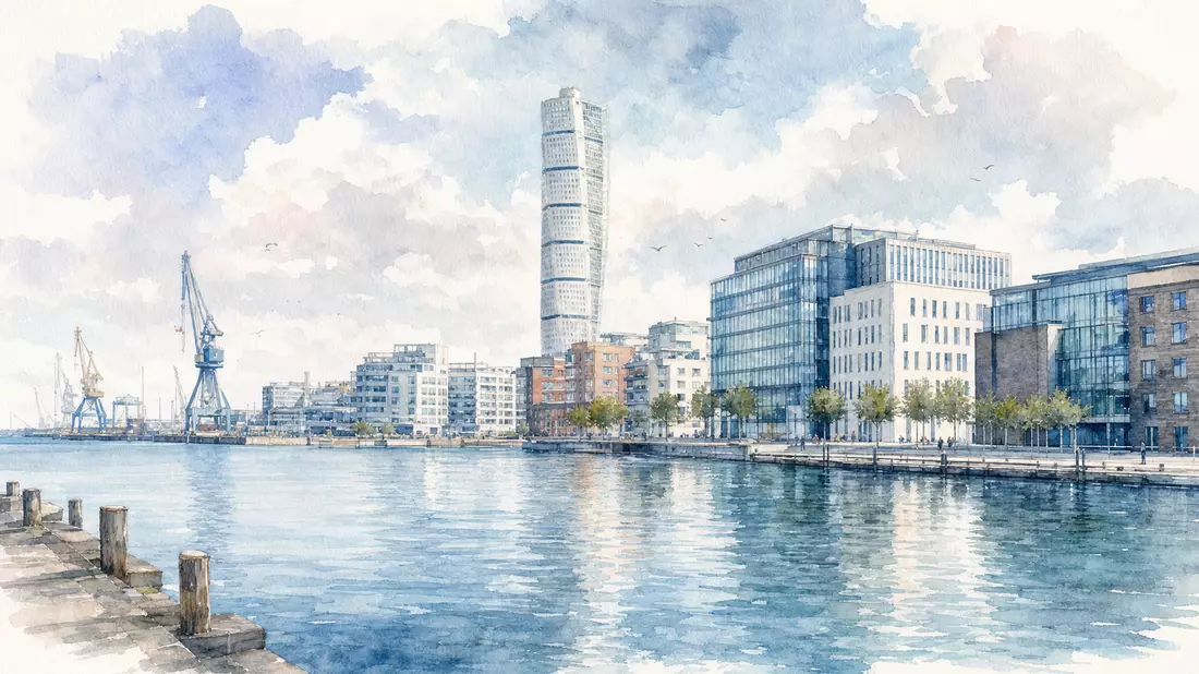 Aquarellmalerei der Malmö Hafenpromenade mit modernen Gebäuden und Turm