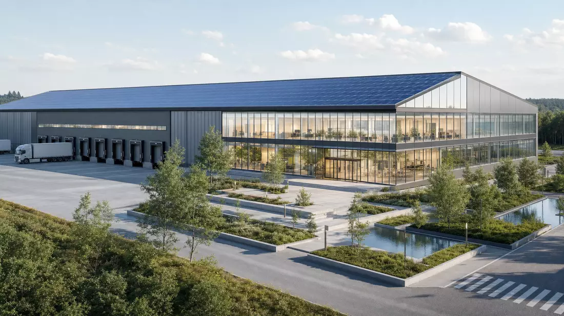 Architektur-Render eines modernen Logistik- und Bürogebäudes mit Solardach