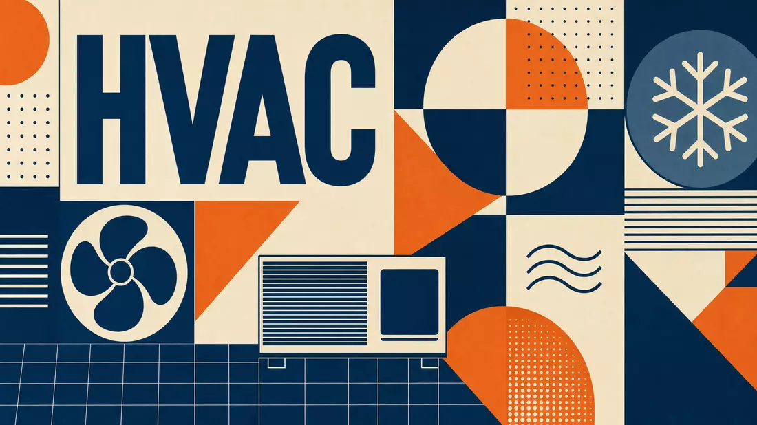 Geometrisches Bauhaus-Poster mit HVAC-Schriftzug und Klimatechnik-Symbolen
