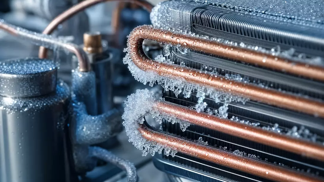 Makroaufnahme einer vereisten Kupferkühlspule mit Frostkristallen und Kondenswasser