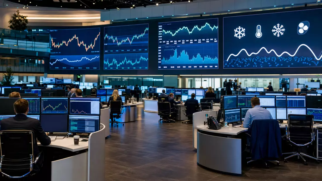 Börsen-Handelsraum mit Bildschirmen, Aktiencharts und Kältetechnik-Symbolen