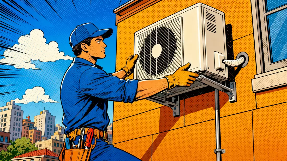 Pop-Art-Comic zeigt Techniker bei Installation einer Klimaanlage an Hausfassade