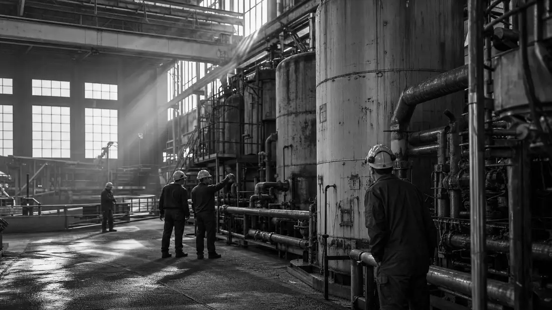 Schwarzweiß-Reportagefoto von Arbeitern in einer großen industriellen Zellstofffabrik