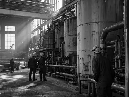 Schwarzweiße Reportage-Aufnahme illustriert Svenska Cellulosa AB SCA (SE0000112724) mit Arbeitern in industrieller Zellstofffabrik-Halle - Foto: THN