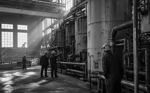 Schwarzweiße Reportage-Aufnahme illustriert Svenska Cellulosa AB SCA (SE0000112724) mit Arbeitern in industrieller Zellstofffabrik-Halle - Foto: THN