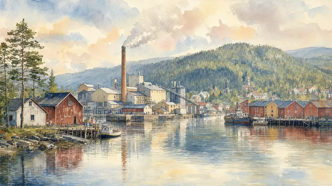 Aquarellbild einer schwedischen Hafenstadt mit Papiermühle, Wald und Flussufer