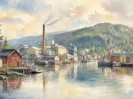 Aquarellmalerei zeigt Svenska Cellulosa AB SCA (SE0000112724) als schwedische Hafenstadt mit Papiermühle am Fluss - Foto: THN
