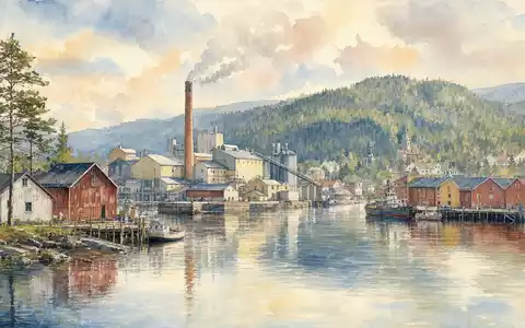 Aquarellmalerei zeigt Svenska Cellulosa AB SCA (SE0000112724) als schwedische Hafenstadt mit Papiermühle am Fluss - Foto: THN