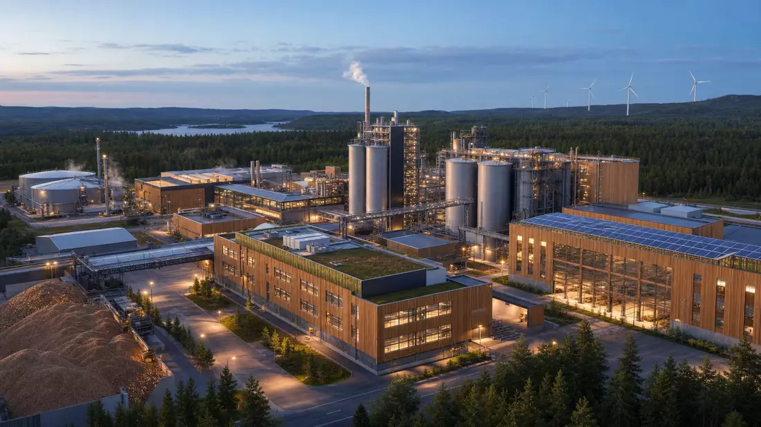 Architektonisches 3D-Render einer nachhaltigen Zellstoff- und Holzverarbeitungsanlage am Waldrand