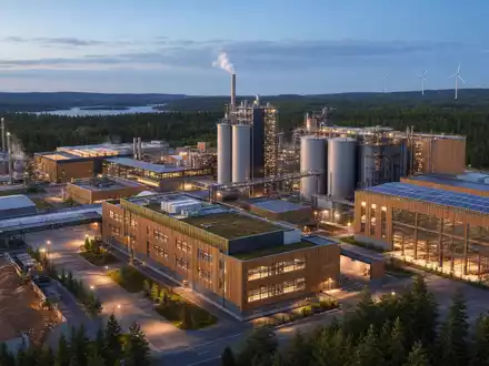 Architektur-Render veranschaulicht Svenska Cellulosa AB SCA (SE0000112724) mit nachhaltiger Zellstoffanlage nahe Waldgebiet bei Dämmerung - Foto: THN