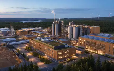 Architektur-Render veranschaulicht Svenska Cellulosa AB SCA (SE0000112724) mit nachhaltiger Zellstoffanlage nahe Waldgebiet bei Dämmerung - Foto: THN