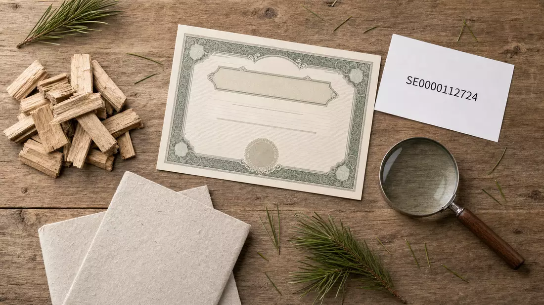 Flatlay mit Aktienzertifikat, ISIN-Karte, Holzspänen und Papierproben auf Holztisch