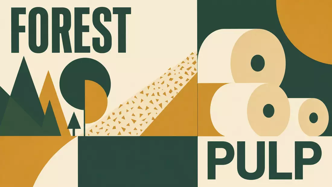 Geometrisches Bauhaus-Poster mit Wald- und Papierrollen-Motiven in Grün und Ocker