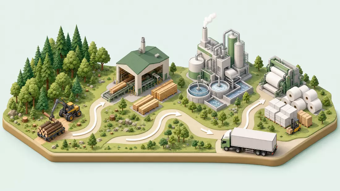 Isometrische 3D-Illustration der Wertschöpfungskette von Wald über Sägewerk bis Papierrolle