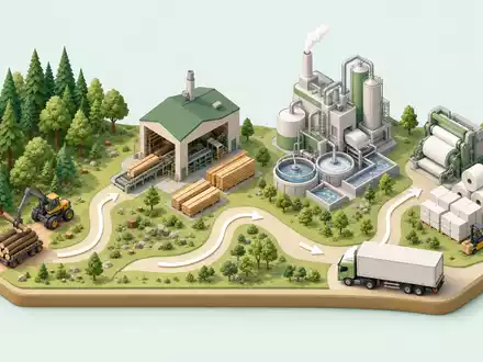 Isometrische 3D-Grafik erklärt Svenska Cellulosa AB SCA (SE0000112724) mit Wertschöpfungskette von Wald bis Papierrolle - Foto: THN